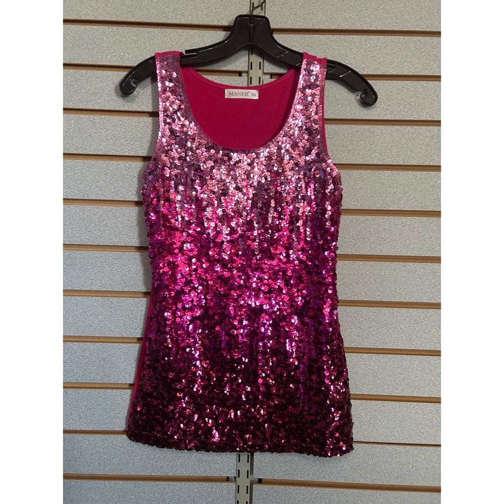 MANER Womens Pink Ombre Sequin Tank Top Scoop Neck Sleeveless Sparkly Top XS